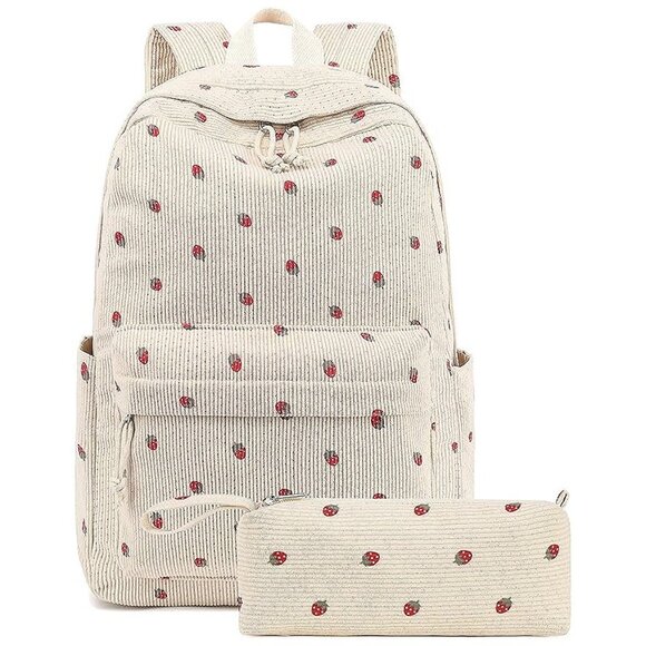 Handbags - Large Corduroy Bookbag Lightweight 17 inch-Beige-strawberry 2pc